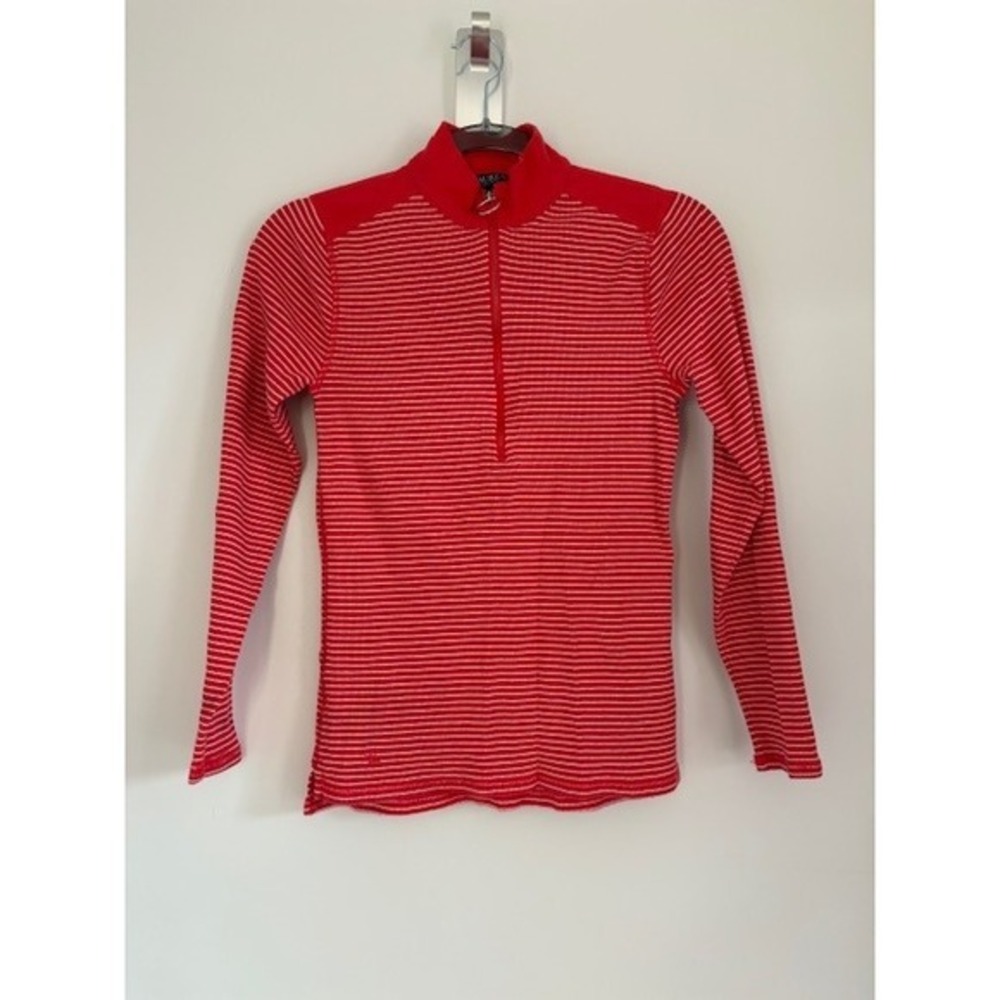 Lauren Ralph Lauren Red White Striped Quarter Zip Pullover Ribbed Top Womens M
